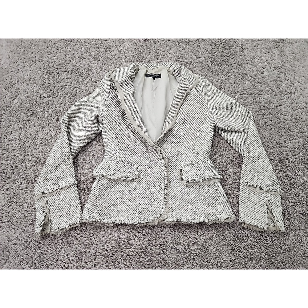 Lautréamont Black Tweed Blazer Womens 2 White Black Frayed Open Front Structured